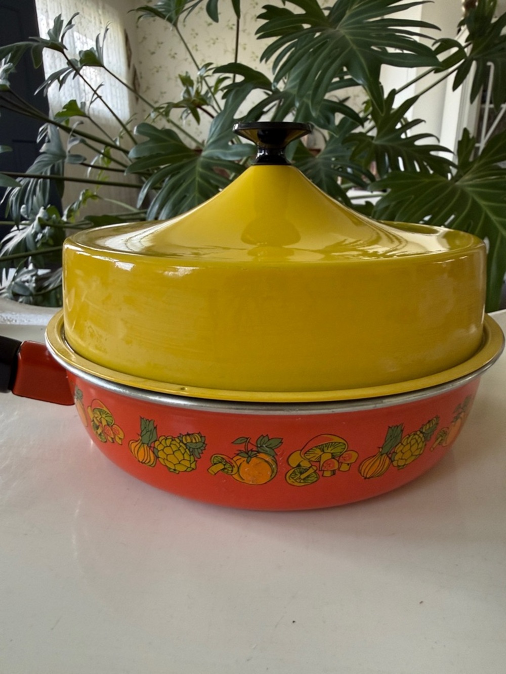 Mid Century Enamel Steel Yellow & Orange Mushroom Pattern Cookware - Covered Pot